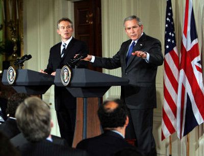 
President Bush and British Prime Minister Tony Blair take part in a joint news conference Friday. 
 (Associated Press / The Spokesman-Review)