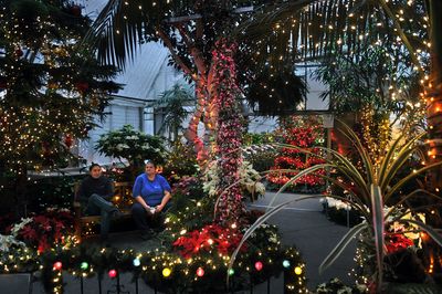 Tara Newbury and Kathleen Miller take a break to look at all their decorating work they have completed inside the Gaiser Conservatory, Tuesdayat Manito Park. Spokane Parks and Recreation along with the Friends of Manito are preparing for the Holiday Lights display, Friday  through Dec. 21. They recommend after 4 p.m. for the best viewing. (Dan Pelle / The Spokesman-Review)