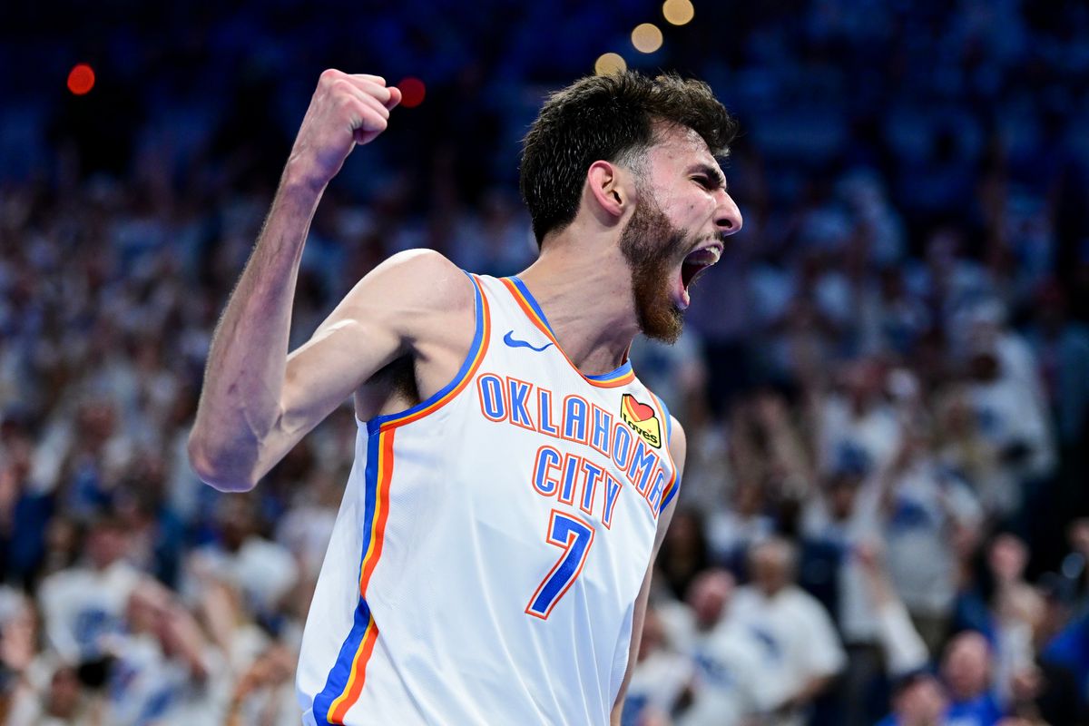 Chet Holmgren of the Oklahoma City Thunder reacts during the fourth quarter against the Dallas Mavericks in Game One of the Western Conference Second Round Playoffs at Paycom Center on May 07, 2024 in Oklahoma City, Oklahoma.   (Getty Images)