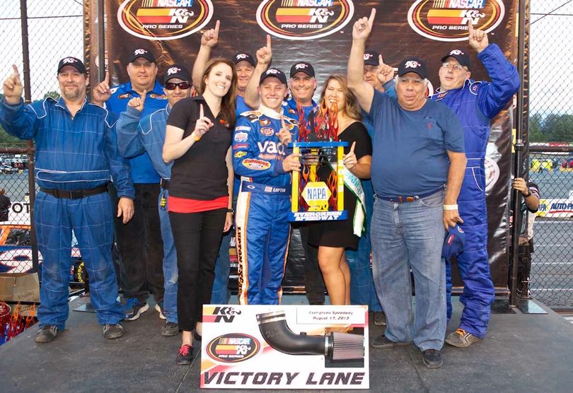 Dylan Lupton and his team in Victory Lane at Evergreen Speedway. (Photo Credit: Getty Images for NASCAR) (Stephen Brashear / Nascar)