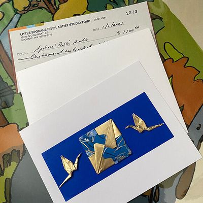 The Little Spokane River Artist Studio Tour sent a donation to Spokane Public Radio in this origami card designed by artist Patti Osebold.  (Courtesy)