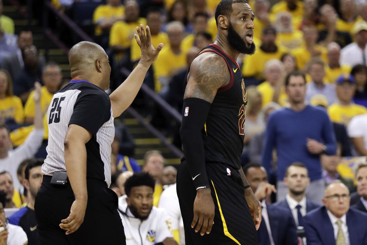 Cleveland Cavaliers forward LeBron James reacts during the second half of Game 1 of basketball