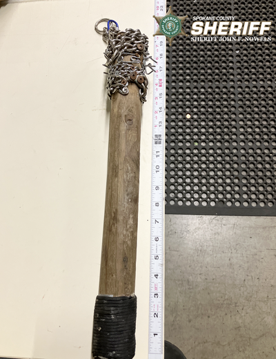 This chain-wrapped club was used to beat a man in an alleged robbery Saturday in Spokane Valley, according to police. Two men – 44-year-old Armando Guerro-Lopez and 36-year-old Richard Corrales – were arrested on suspicion of first-degree robbery.  (Courtesy of Spokane County Sheriff's Office)