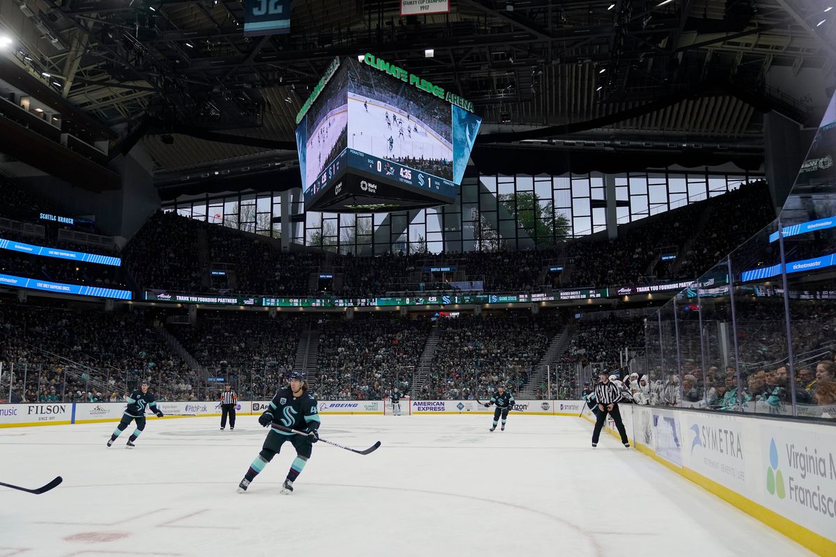 The Seattle Kraken and the San Jose Sharks play during the first period of an NHL hockey game Friday, April 29, 2022, at Climate Pledge Arena in Seattle.  (Ted S. Warren)