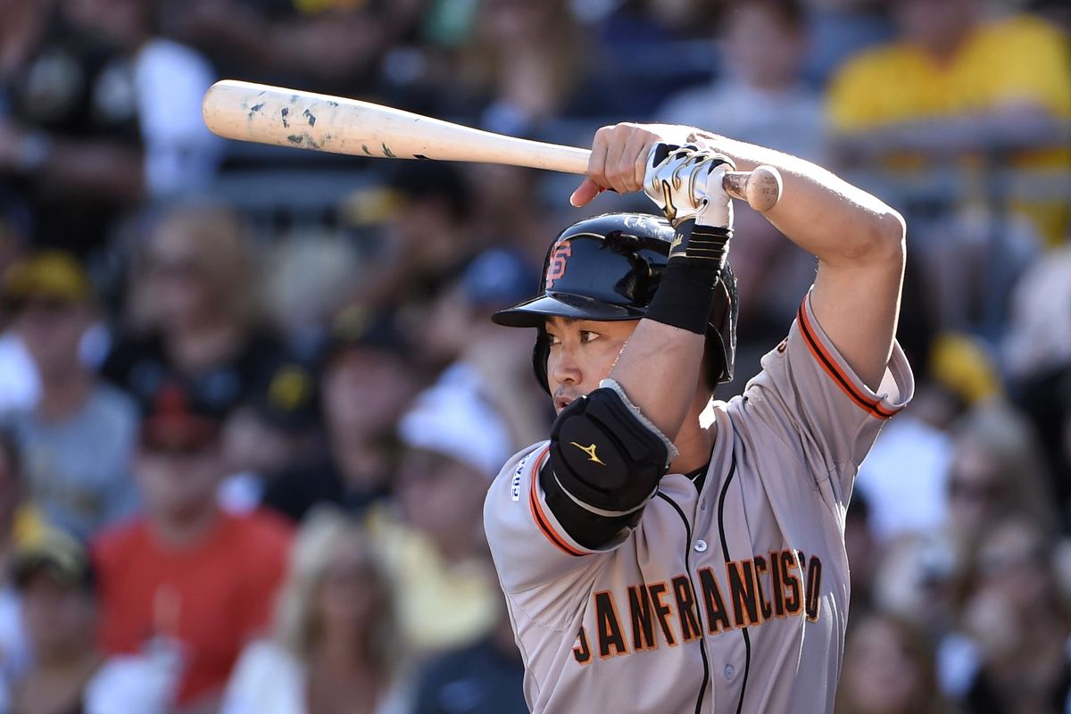 San Francisco Giants’ Nori Aoki bats during a baseball game against the Pittsburgh Pirates, Saturday, Aug. 22, 2015, in Pittsburgh. (Fred Vuich / Associated Press)