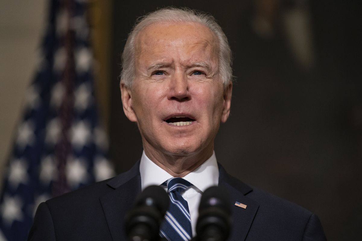 In this Jan. 27, 2021, photo, President Joe Biden speaks in the State Dining Room of the White House in Washington. Biden’s $1.9 trillion COVID-19 relief package presents a first political test. More than a sweeping rescue plan, it
