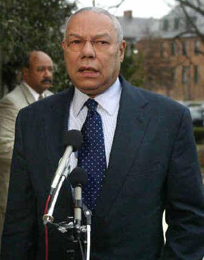 Secretary of State Colin Powell speaks to reporters in Washington, D.C., on Sunday. Appearing on talk shows, Powell contended the administration has 