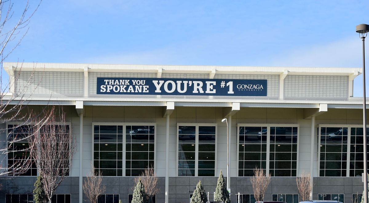 A giant banner thanking Spokane welcomed the Zags home from Phoenix as seen during a homecoming welcome for the Gonzaga basketball team on Tuesday, April 4, 2017, at McCarthey Athletic Center in Spokane. (Tyler Tjomsland / The Spokesman-Review)