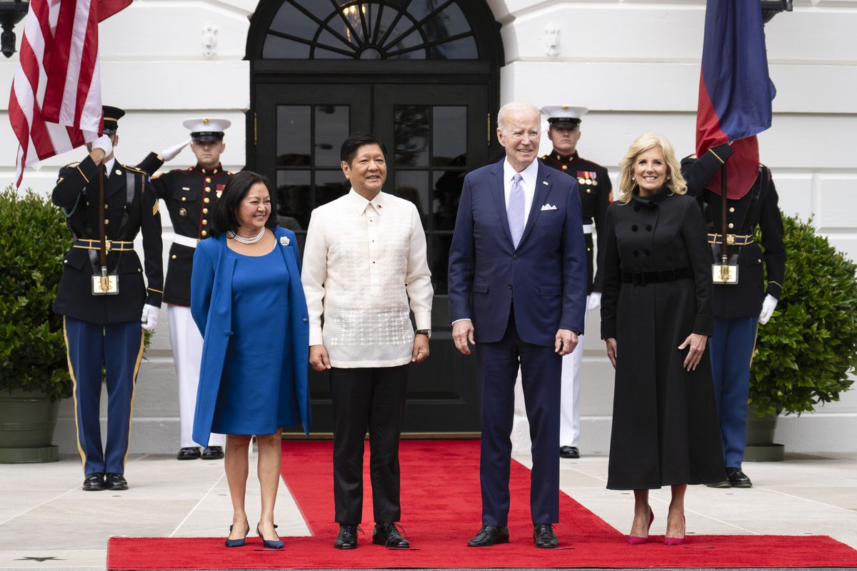 President Joe Biden and first lady Jill Biden greet Philippine President Ferdinand R. Marcos Jr. and his wife, Louise Araneta-Marcos, at the White House in Washington, May 1, 2023. In his first months in power, the Philippines leader has reforged a strong alliance with the U.S., winning praise even as questions remain about his path and intent at home.   (Doug Mills/The New York Times)