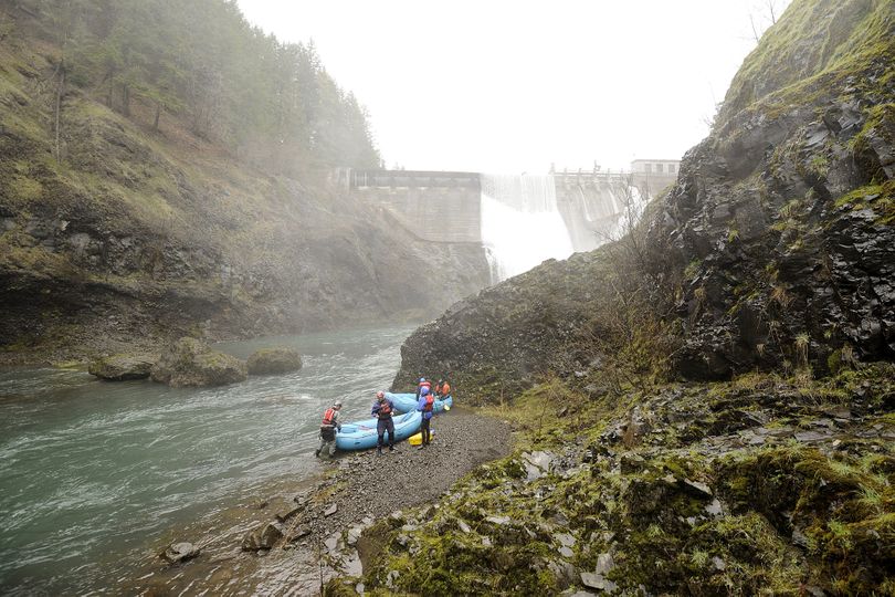 Condit Dam was built in 1913 on the White Salmon River, 3.3 miles upstream from the Columbia. It is 125 feet tall. Most of the river flow runs through a pipeline for three quarters of a mile downstream to a powerhouse, mostly dewatering that stretch of the river. But in the spring, when flows are up and water is spilled at the dam, there's enough to float that stretch. Once the dam is gone, that stretch will have enough flow to use a much greater time of year. (Troy Columbian / The Columbian)