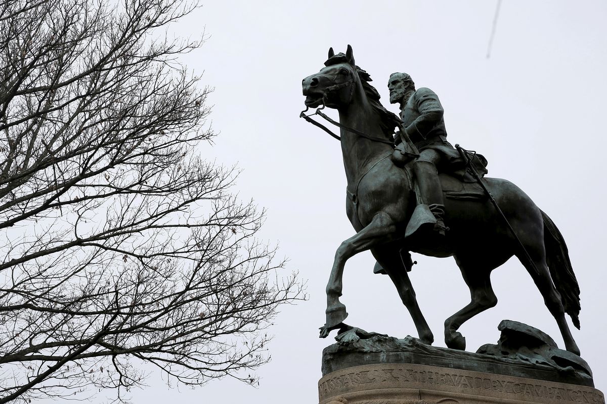 A statue of Stonewall Jackson is seen uncovered in Justice Park, in Charlottesville, Va., on Wednesday, Feb. 28, 2018. Charlottesville said in a news release Friday, July 9, 2021, that the equestrian statue of Confederate Gen. Robert E. Lee as well as a nearby one of Confederate Gen. Thomas “Stonewall” Jackson will be taken down Saturday.  (Zack Wajsgras)