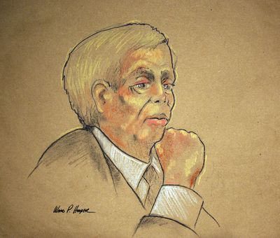 In this courtroom sketch, Edgar Steele is shown at U.S. District Court in Boise on Wednesday. Steele is accused of hiring a hit man to kill his wife and mother-in-law. (WARD HOOPER)