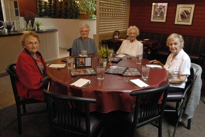 West Valley graduates of 1940 Dorothy Penniman, Ruth VanBelle, Ruby Witham and Dolores Keck, have known each other since kindergarten and have been meeting for  monthly luncheons for more than 60 years. They met  Oct. 20 at Percy’s Restaurant in Spokane Valley.  (J. BART RAYNIAK / The Spokesman-Review)