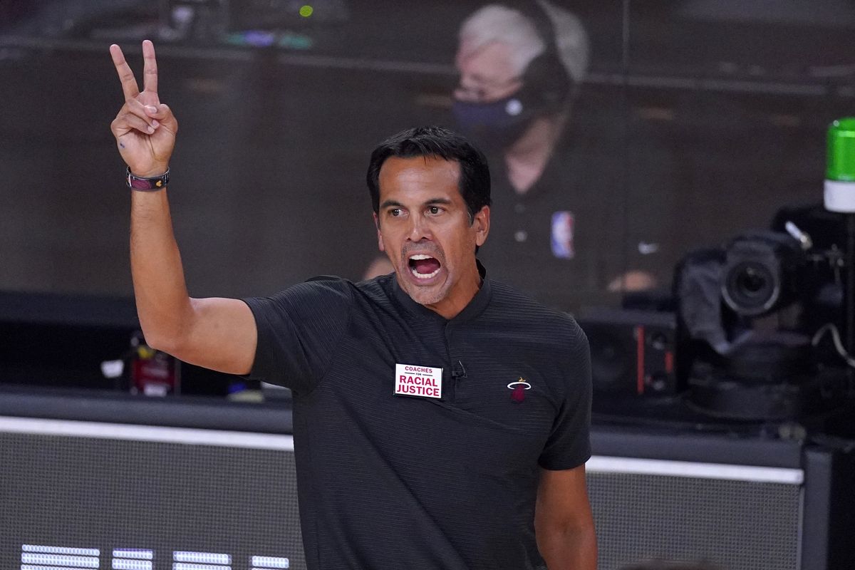 Miami Heat head coach Erik Spoelstra gestures as he watches play against the Boston Celtics during the second half of an NBA conference final playoff basketball game, Thursday, Sept. 17, 2020, in Lake Buena Vista, Fla. (Associated Press)