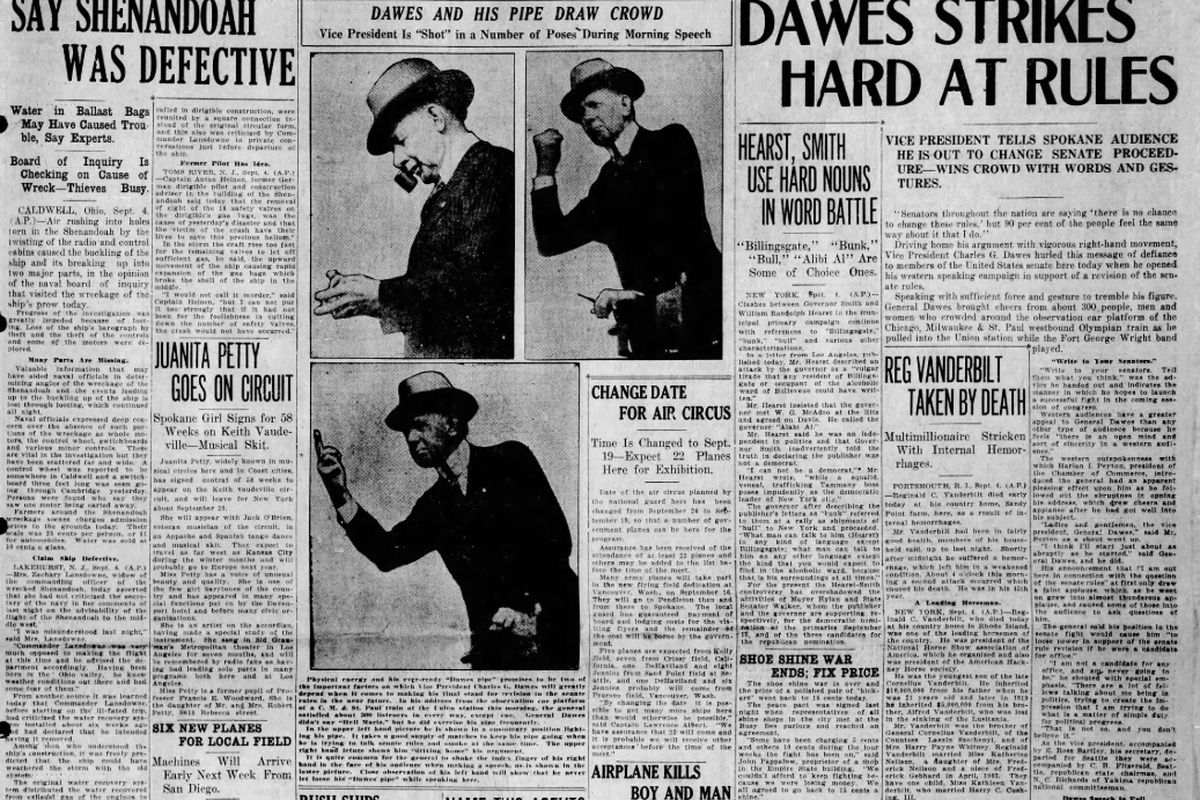 Vice President Charles G. Dawes swept into Spokane by train and railed against what he considered to be outmoded U.S. Senate rules, in which “one man, or a minority,” can hold up necessary legislation. “Are we living in America or in some other country where that is the theory of monarchical government?,” he told the crowd. “The individual knows better what is good for the people than the people themselves! Is that to the whole theory upon which the government is based? Is that satisfactory?”  (Spokesman-Review archives)