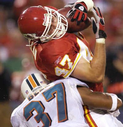 
Associated Press Kansas City's Michael Allan hauled in a pass during an August preseason game vs. Miami.
 (Associated Press / The Spokesman-Review)
