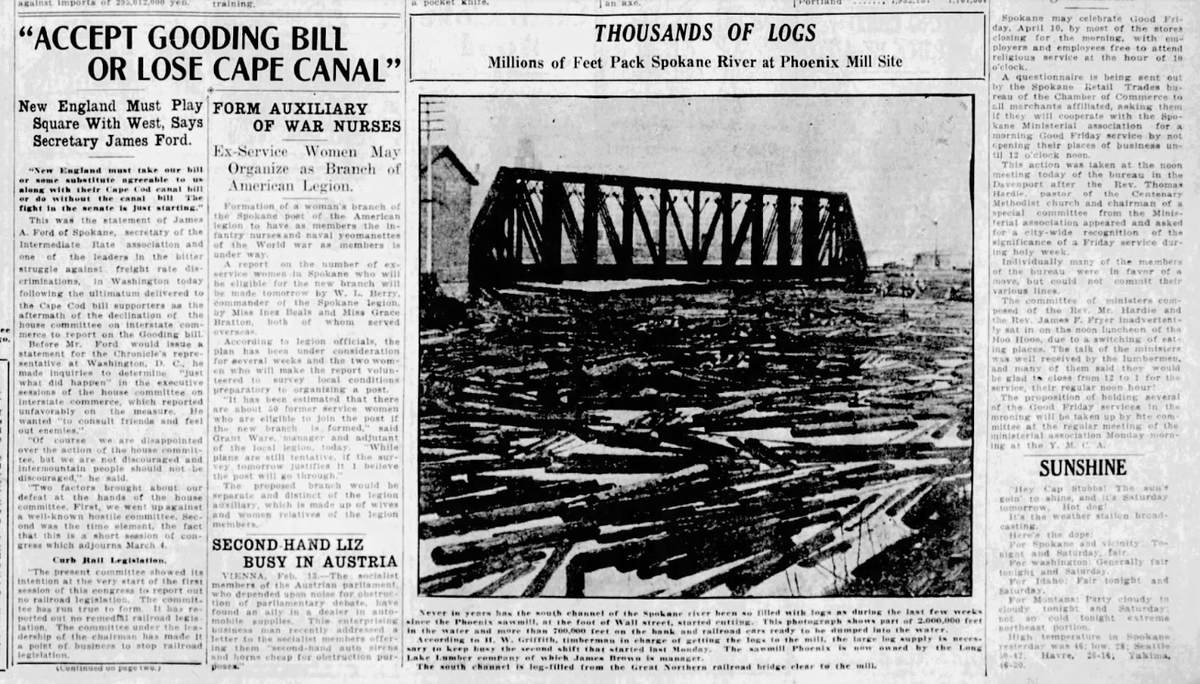 A portion of the Spokane River downtown was jammed with thousands of logs all the way from “the Great Northern railroad bridge clear to the mill,” meaning, the Phoenix Mill, at the foot of Wall Street, The Spokane Daily Chronicle reported on Feb. 13, 1925.  (Spokesman-Review archives)