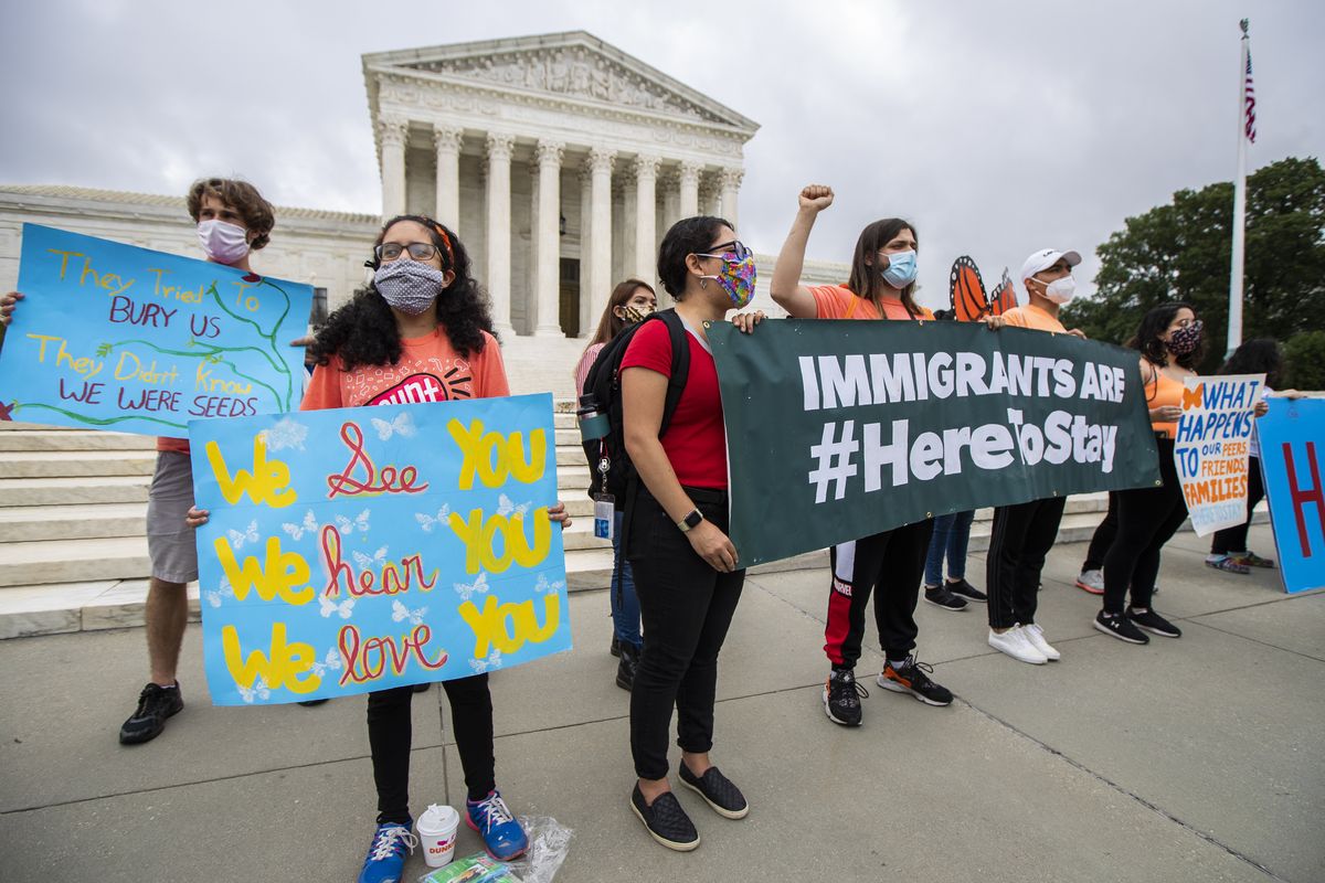 Deferred Action for Childhood Arrivals (DACA) students celebrate in front of the U.S. Supreme Court after the Supreme Court rejects President Donald Trump