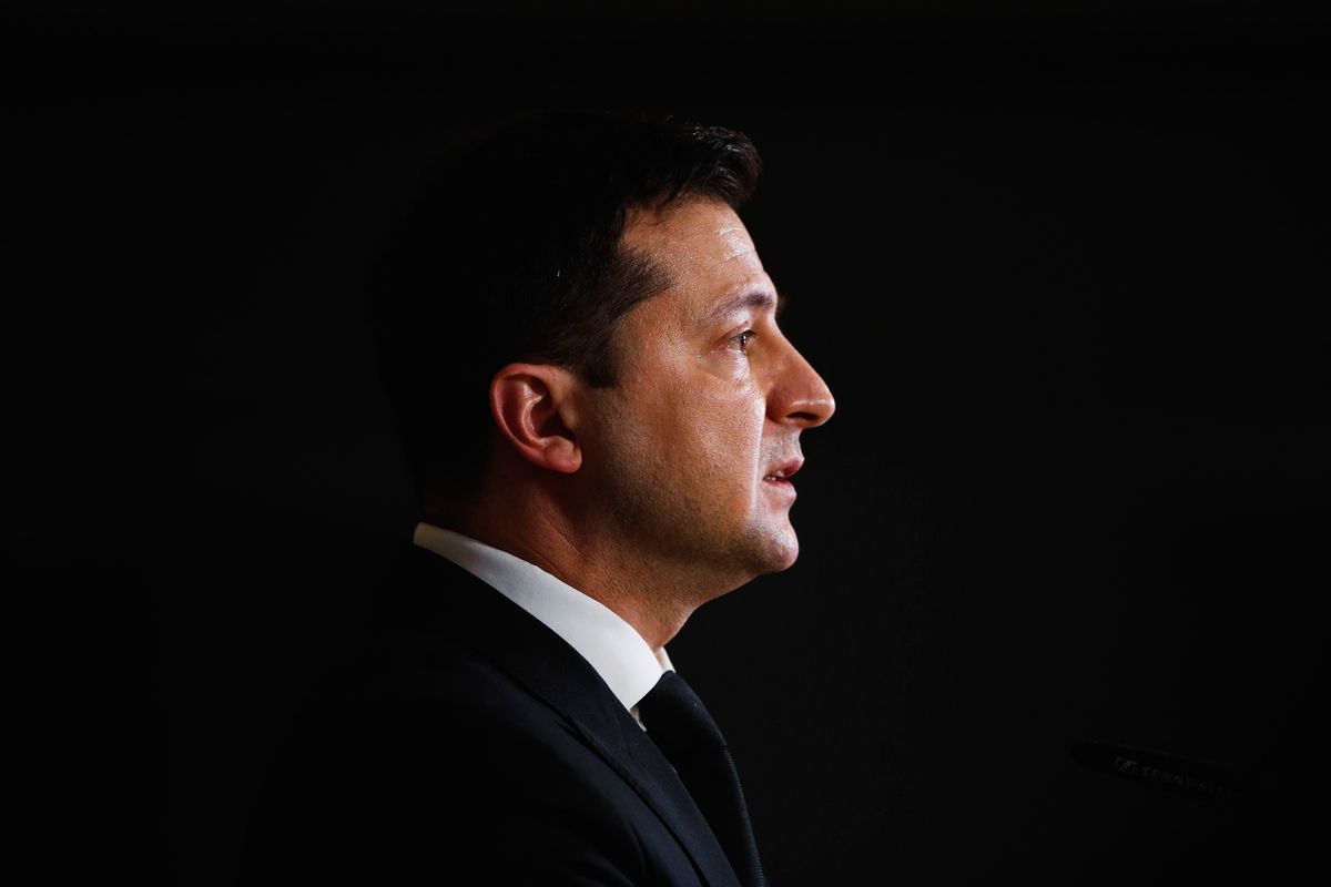 FILE – Ukraine’s President Volodymyr Zelenskyy speaks during a media conference at an Eastern Partnership Summit in Brussels, Dec. 15, 2021.  (Johanna Geron)