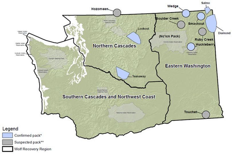 Gray wolf packs confirmed in Washington as of July 17, 2012. (Washington Fish and Wildlife Department)