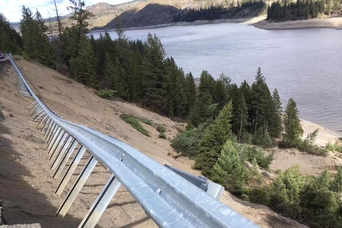 An April 2, 2017, a landslide, shown, closed part of Porcupine Bay Road in northeastern Washington. It would be two years before this portion of the road was reopened.  (Courtesy Lincoln County Public Works)