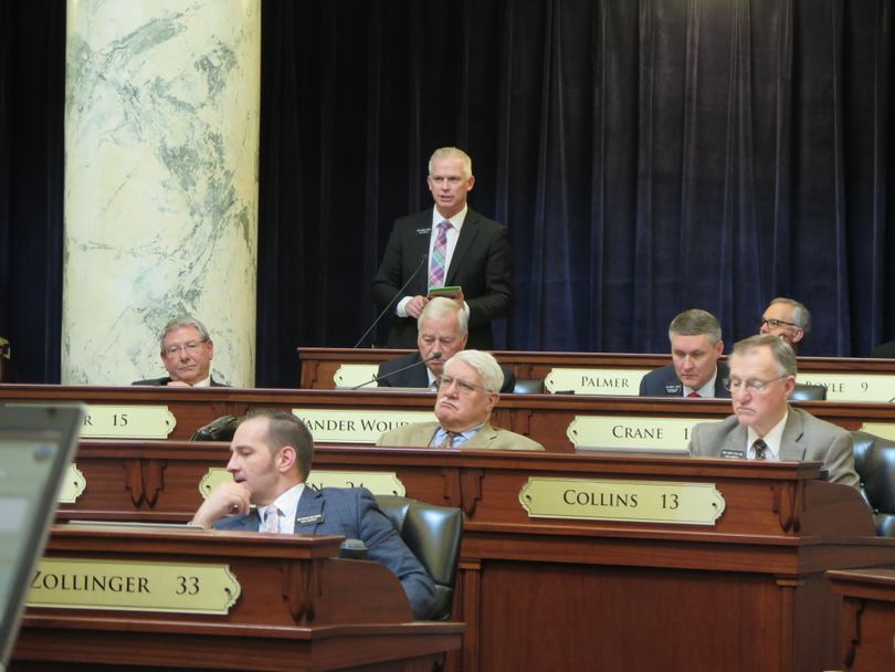 Rep. Jason Monks, R-Nampa, argues in favor of his bill to require future income tax cuts when state revenue rises; the bill, HB 561, passed the House on a 48-20 vote and now heads to the Senate side. (Betsy Z. Russell)