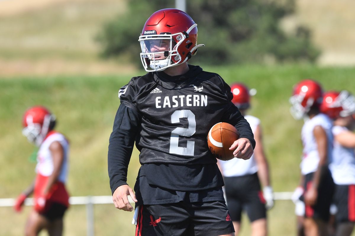 Eastern Washington quarterback Gunner Talkington, a strong candidate to earn the starting nod, pauses between plays during the Eagles’ practice Aug. 6 in Cheney.  (Tyler Tjomsland/The Spokesman-Review)
