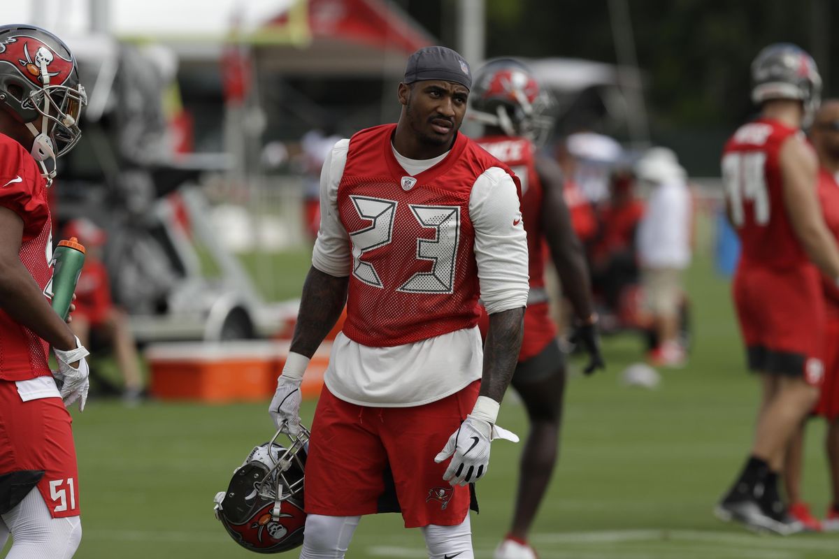Tampa Bay Buccaneers outside linebacker Deone Bucannon  watches an NFL training camp practice Saturday, July 27, 2019, in Tampa, Fla. (Chris O