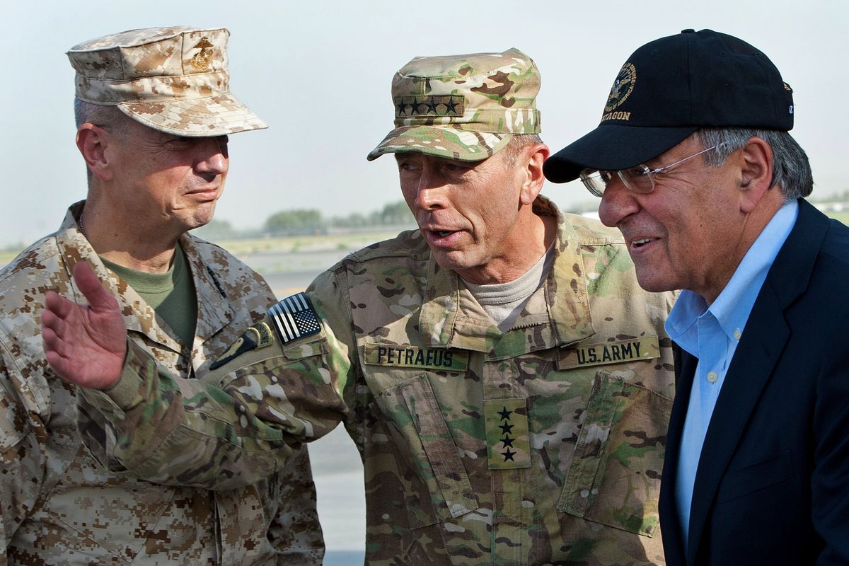 USMC Gen. John Allen, left, and Army Gen. David Petraeus, top U.S. commander in Afghanistan and incoming CIA director, greet former CIA director and new U.S. Defense Secretary Leon Panetta in Kabul, Afghanistan, on Saturday. (Associated Press)