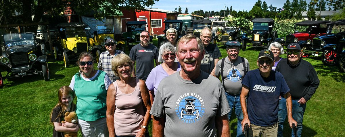 Spokane Model T Club president Larry Mann, front ,is photographed with several members of the club during a meeting of the in Spokane Valley on Thursday, August 14, 2025. (Kathy Plonka/The Spokesman-Revie)