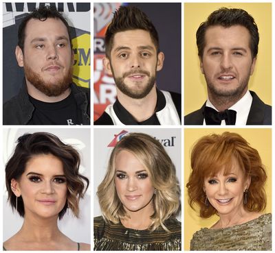 This combination photo shows country performers, top row from left, Luke Combs, Thomas Rhett, Luke Bryan, and from bottom left, Maren Morris, Carrie Underwood and Reba McEntire who took to social media to express their sadness after the mass shooting in Las Vegas at the Route 91 Harvest Festival on Sunday, Oct. 1, 2017. (Associated Press)