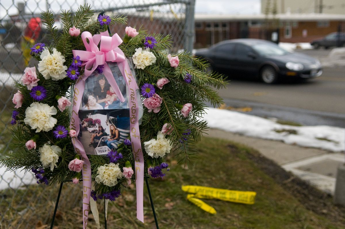 The family of Susette Werner placed a memorial wreath at Maxwell and Ash, near where her body was found Sunday.  (Colin Mulvany / The Spokesman-Review)