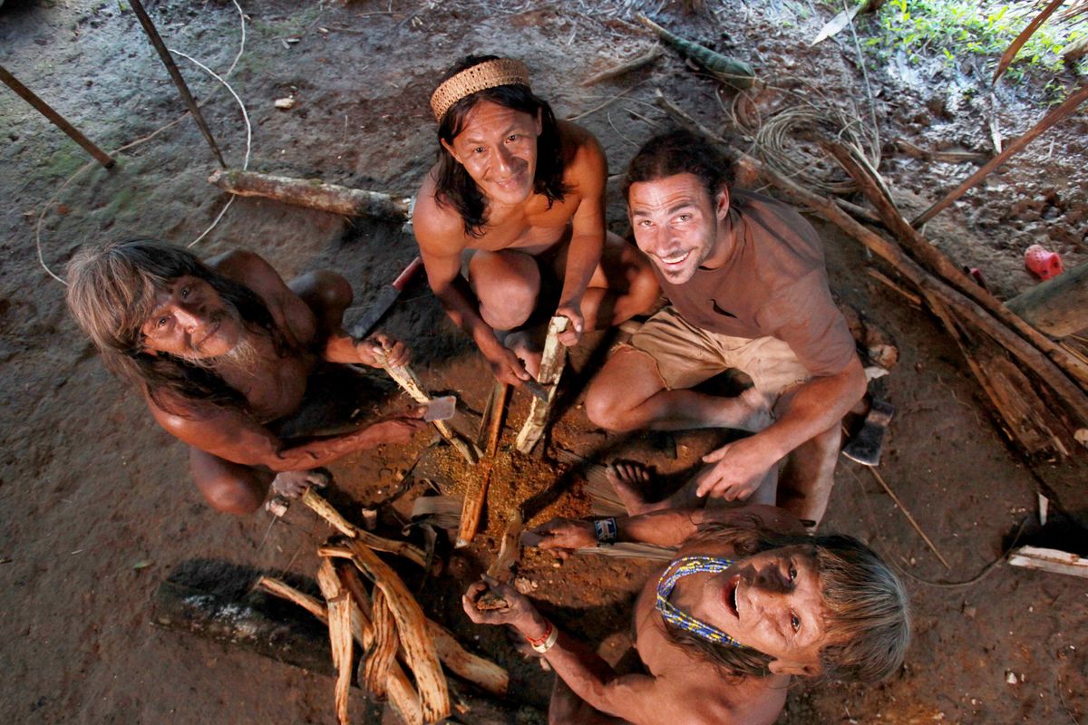 Huaorani elders teach Hazen Audel matchless firebuiling techniques for a rainforest episode of National Geographic’s “Survive the Tribe” filmed in Bameno, Ecuador.