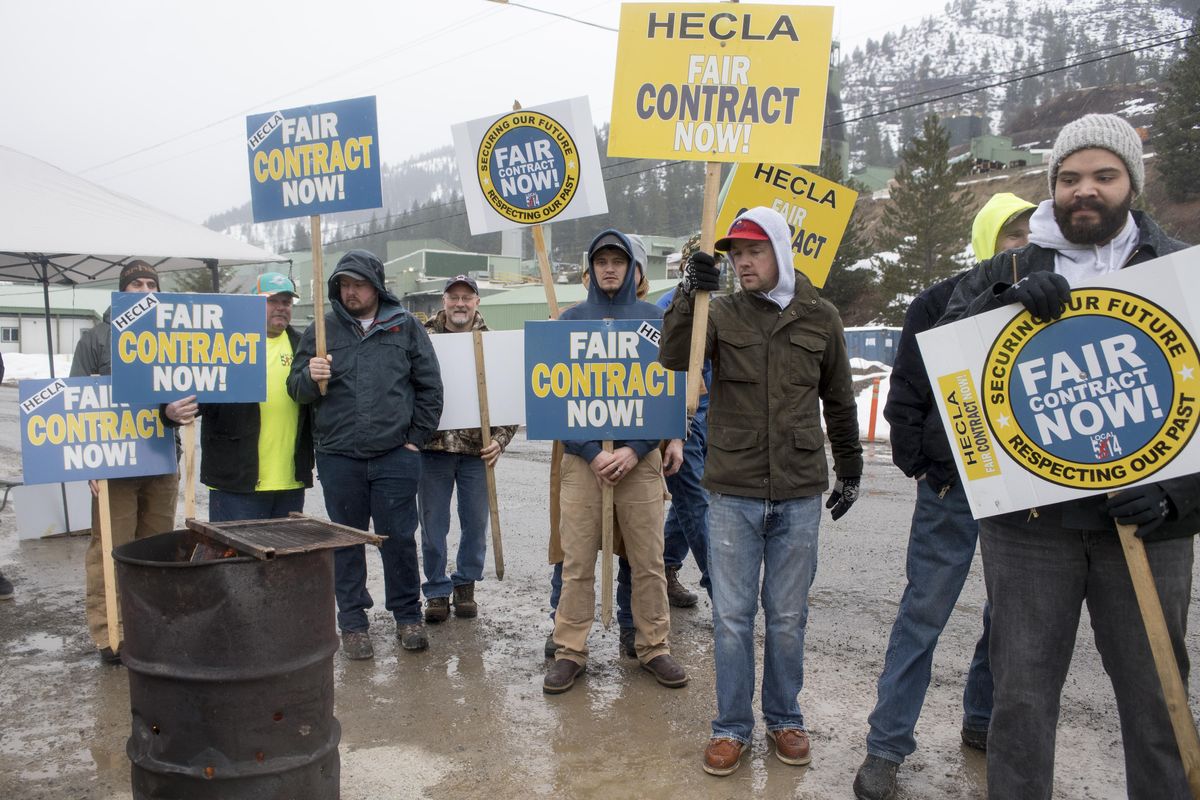 Miners stand on the picket lines across from the Lucky Friday mine in Mullan, Monday, Mar. 13, 2017, the first day of a strike by the miners against Hecla, owner of the Lucky Friday mine. (Jesse Tinsley / The Spokesman-Review)