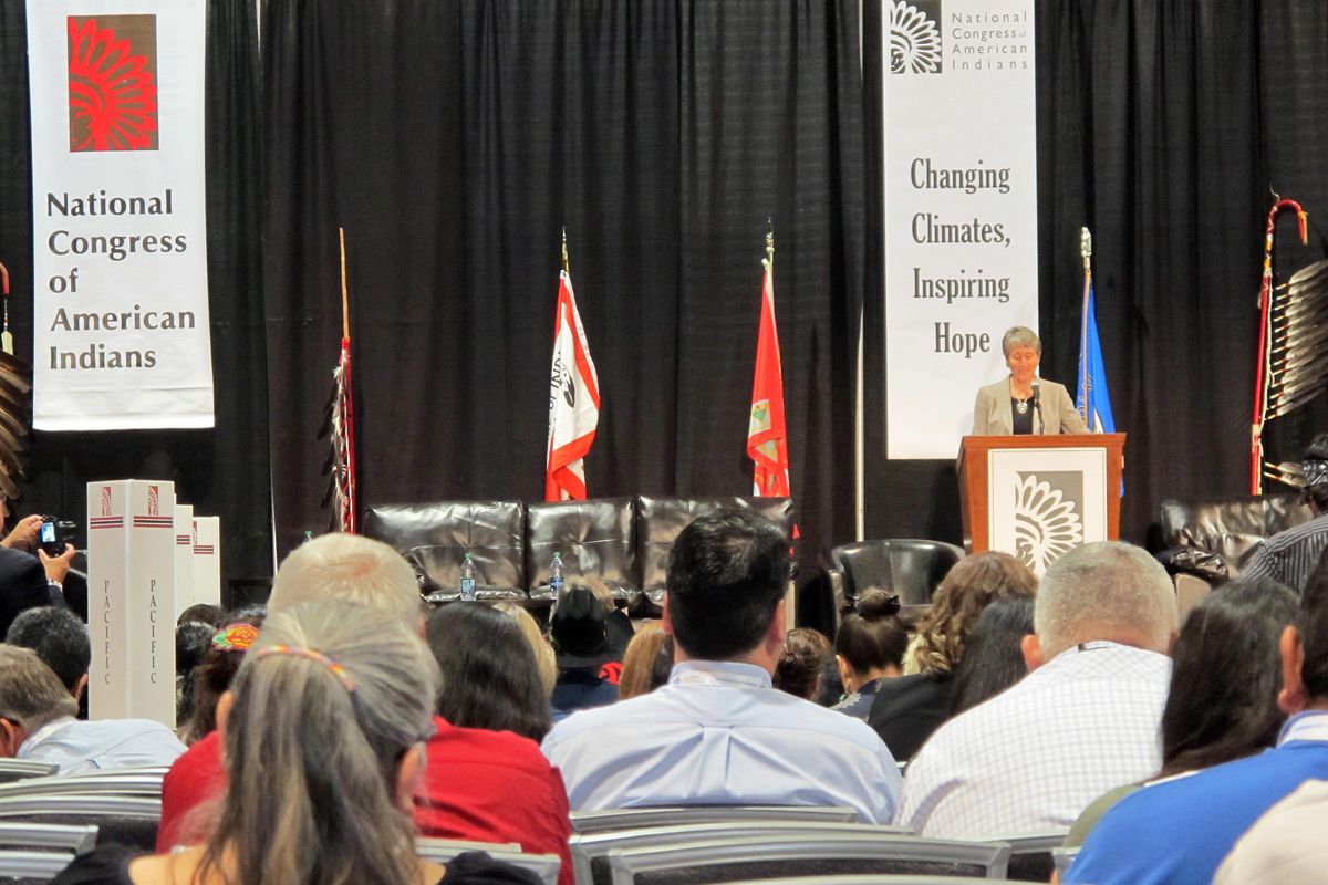 Interior Secretary Sally Jewell speaks Wednesday, June 29, 2016, to a convention of the National Congress of American Indians in Spokane, Wash. Jewell urged Indians to continue to pressure Washington for improvements to their lives. (Nicholas K. Geranios / Associated Press)