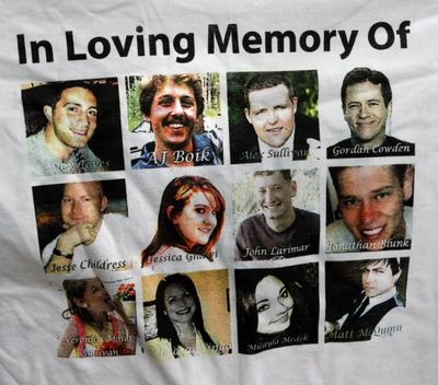 In this July 14, 2015, file photo, Sandy Phillips, whose daughter Jessica Ghawi was killed in the 2012 Aurora movie theatre massacre, displays a T-shirt memorializing the twelve people killed in the attack, outside the Arapahoe County District Court following the day of closing arguments in the trial of theater shootings defendant James Holmes, in Centennial, Colo. Their names are, left to right, top to bottom row: Alex Teves, AJ Boik, Alex Sullivan, Gordon Cowden, Jesse Childress, Jessica Ghawi, John Larimer, Jonathan Blunk, Veronica Moser-Sullivan, Rebecca Wingo, Micayla Medek, and Matt McQuinn. (AP Photo/Brennan Linsley, File)