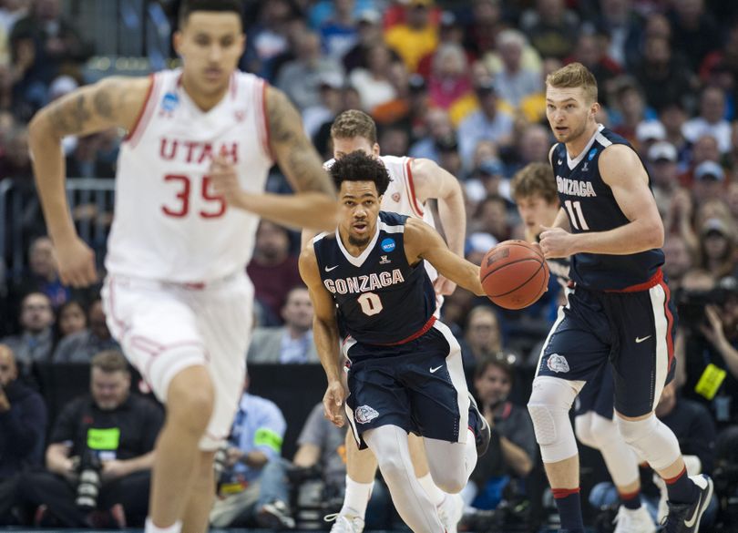 Gonzaga guard Silas Melson kicks a fast break into high gear against Utah at the Pepsi Center, March 19, 2016 in the Zags’ NCAA Second Round win in Denver, Col. (Dan Pelle / The Spokesman-Review)