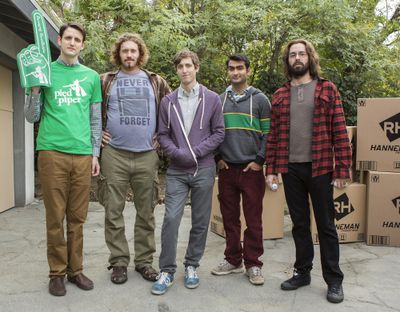 Zach Woods, T.J. Miller, Thomas Middleditch, Kumail Nanjiani and Martin Starr in “Silicon Valley.” (Frank Masi / HBO)