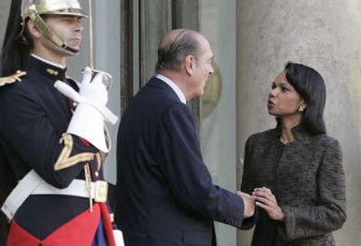 
French President Jacques Chirac shakes hands with U.S. Secretary of State Condoleezza Rice after their meeting at the Elysee Palace in Paris on Friday. 
 (Associated Press / The Spokesman-Review)