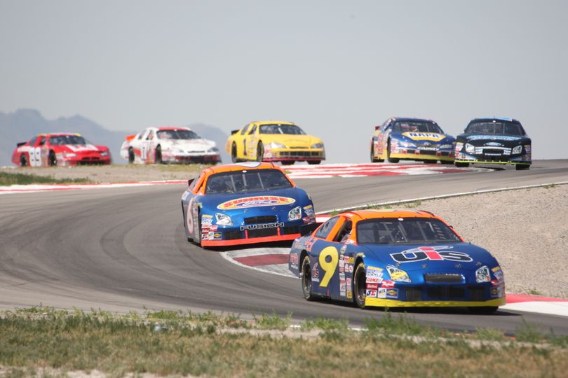 Patrick Long (9) leads Jason Bowles (6) and the rest of the field at Miller Motorsports Park. (Photo Credit: Melissa Majchrzak/Getty Images for NASCAR) (Melissa Majchrzak / The Spokesman-Review)