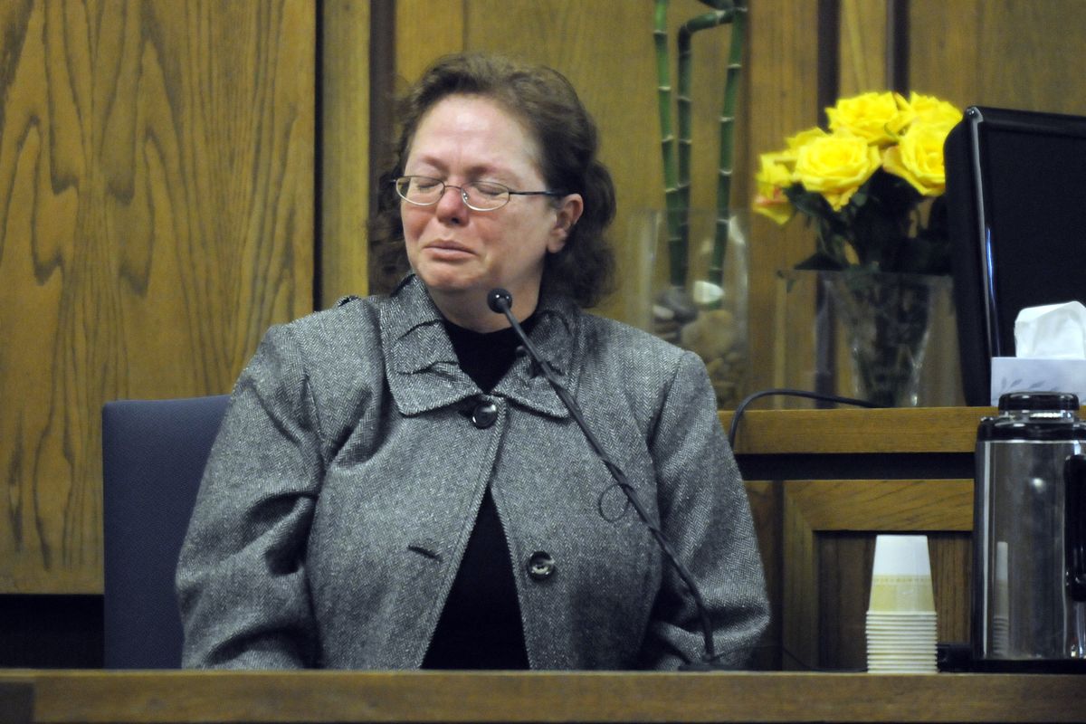 Shellye Stark tries to gather herself after presenting emotional testimony to the court in her first-degree murder trial on Thursday, March 12, 2009, in the Spokane County Courthouse. (Dan Pelle / The Spokesman-Review)