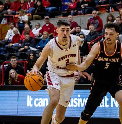 Eastern Washington’s Steele Venters, who scored 16 points, drives against Idaho State’s Austin Smellie on Thursday at Reese Court in Cheney.  (Courtesy EWU Athletics)