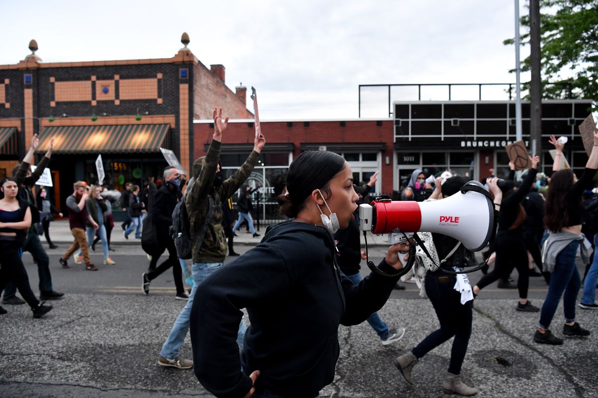 Rene White leads a second improvised Black Lives Matter march to the Spokane Country Courthouse on Sunday, June 7, 2020, in Spokane, Wash. Tyler Tjomsland/THE SPOKESMAN-REVIEW  (TYLER TJOMSLAND)
