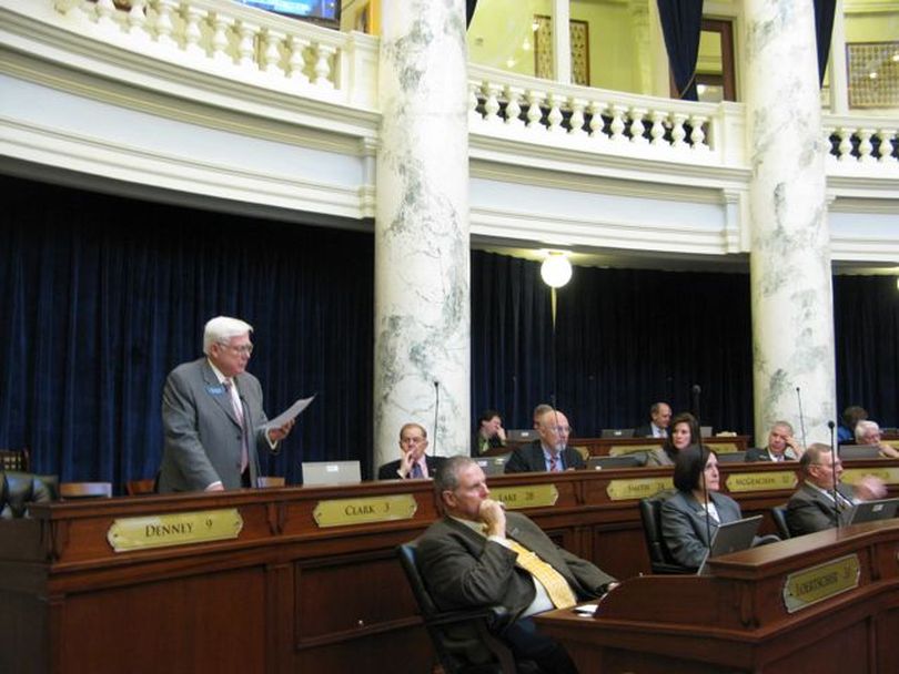 Rep. Jim Clark, R-Hayden Lake, urges the House to back his Idaho Health Freedom Act, opposing federal health care reform, on Tuesday. (Betsy Russell)