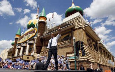 
Sen. Barack Obama  arrives for a rally at the Corn Palace in Mitchell, S.D., on Sunday. Associated Press
 (Associated Press / The Spokesman-Review)