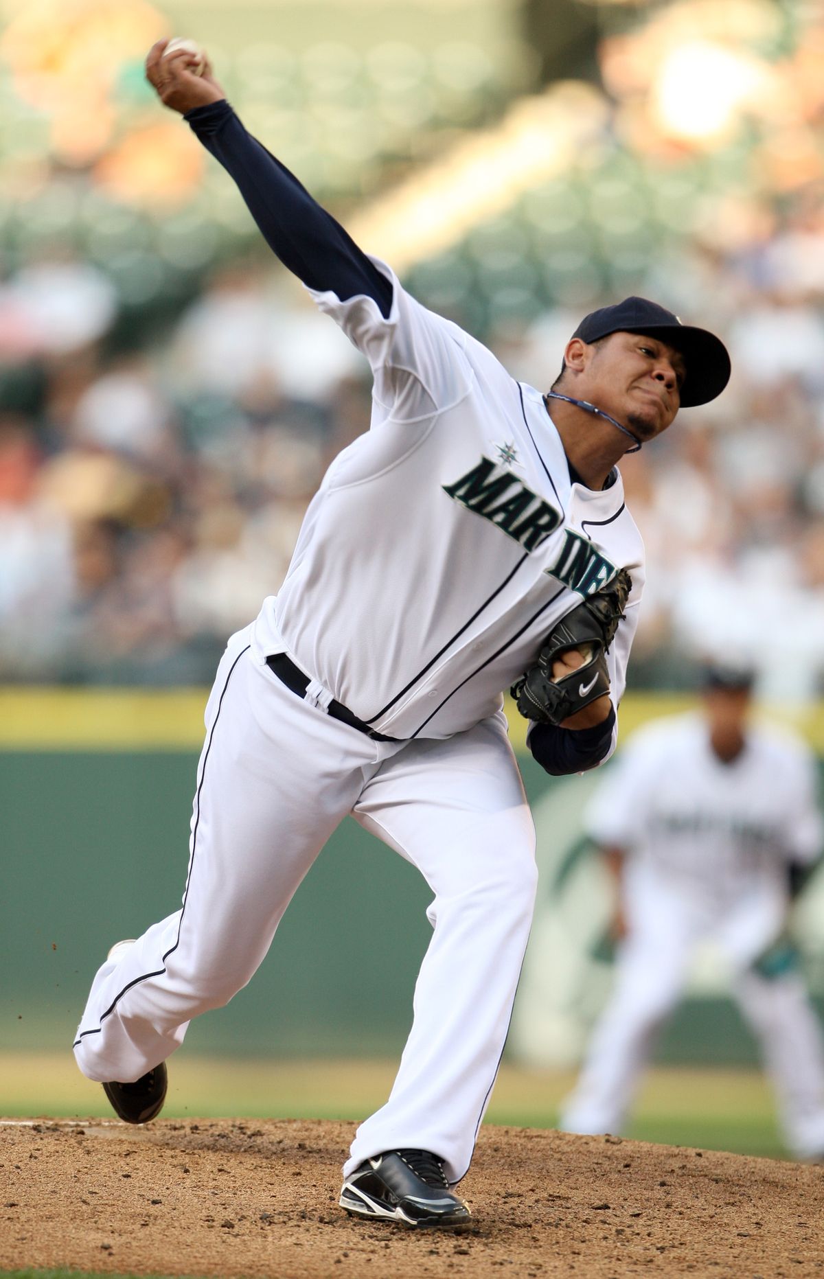 Seattle’s Felix Hernandez picked up his ninth win of the season, allowing three hits in eight innings.  (Associated Press / The Spokesman-Review)