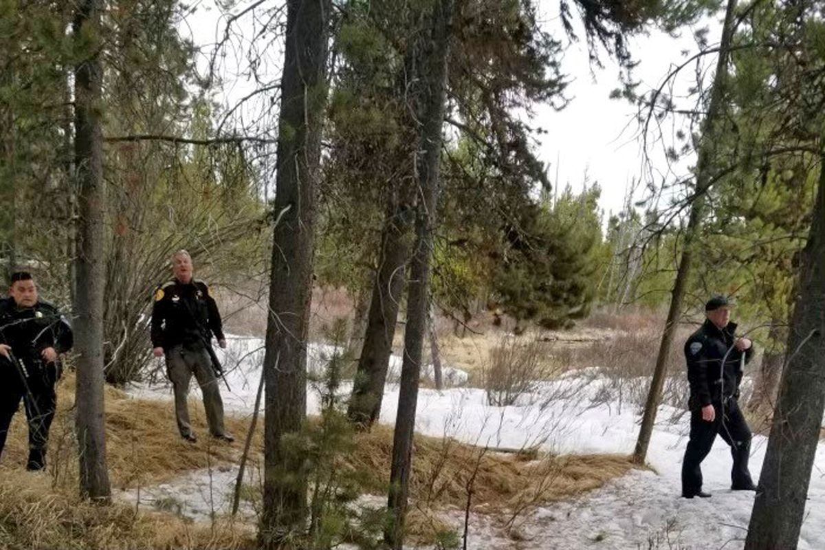 In this photo provided by the Gallatin County Sheriff’s Office, officers from the sheriff’s office and West Yellowstone Police Department are seen near the scene of a grizzly bear mauling just outside  (HOGP)