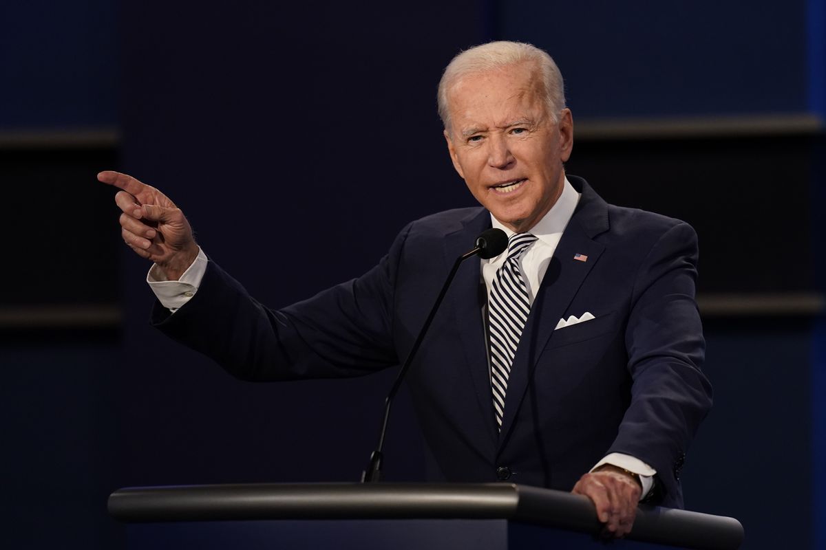 Democratic presidential candidate former Vice President Joe Biden gestures while speaking during the first presidential debate Tuesday, Sept. 29, 2020, at Case Western University and Cleveland Clinic, in Cleveland, Ohio.  (Patrick Semansky)