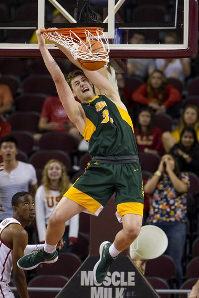 In this Nov. 13, 2017 file photo, North Dakota State forward Rocky Kreuser slam dunks the ball during the second half of an NCAA college basketball game against Southern California, in Los Angeles. Southern California won 75-65. (Gus Ruelas / Associated Press)