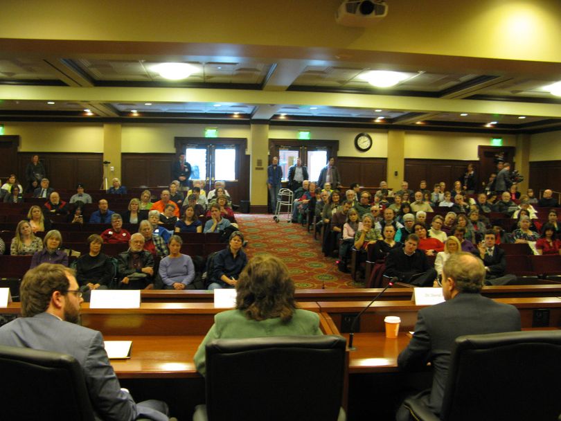 A large crowd turned out for a panel discussion Wednesday in the Capitol Auditorium on amending Idaho's Human Rights Act to ban discrimination based on sexual orientation or gender identity. All six panelists backed the amendment, which lawmakers have rejected for the past six years. (Betsy Russell)